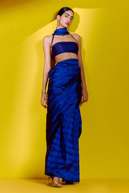 Shop_Ekaya Banaras_Blue Silk Embroidery Flower Stripe Pattern Saree With Unstitched Blouse Piece _at_Aza_Fashions