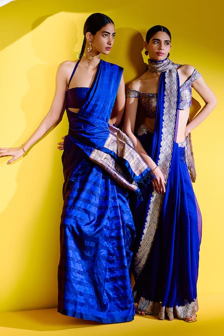 Ekaya Banaras_Blue Silk Embroidery Flower Stripe Pattern Saree With Unstitched Blouse Piece _at_Aza_Fashions