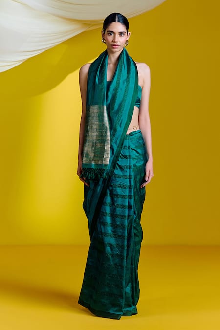 Shop_Ekaya Banaras_Green Silk Abstract Woven Saree With Unstitched Blouse Piece _at_Aza_Fashions