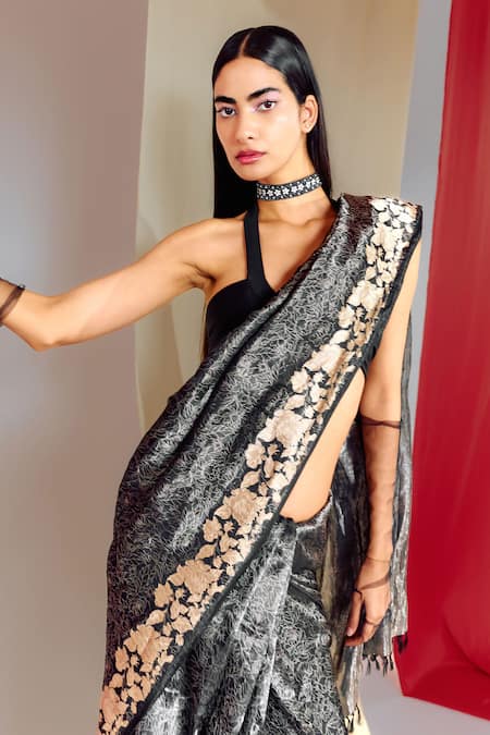 Ekaya Banaras_Black Silk Embroidery Botanical Woven Saree With Unstitched Blouse Piece _Online_at_Aza_Fashions