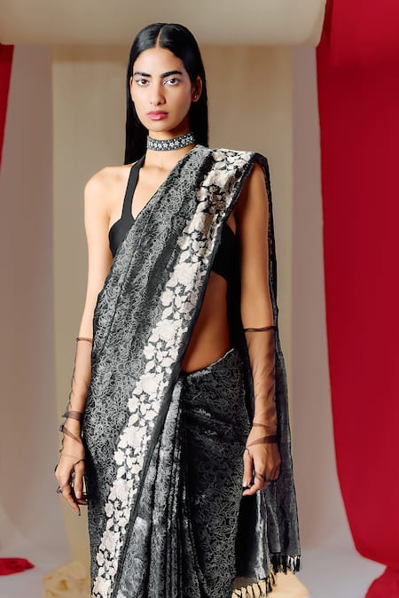 Shop_Ekaya Banaras_Black Silk Embroidery Botanical Woven Saree With Unstitched Blouse Piece _at_Aza_Fashions