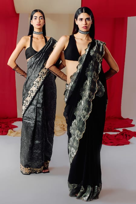 Buy_Ekaya Banaras_Black Silk Embroidery Botanical Woven Saree With Unstitched Blouse Piece _Online_at_Aza_Fashions