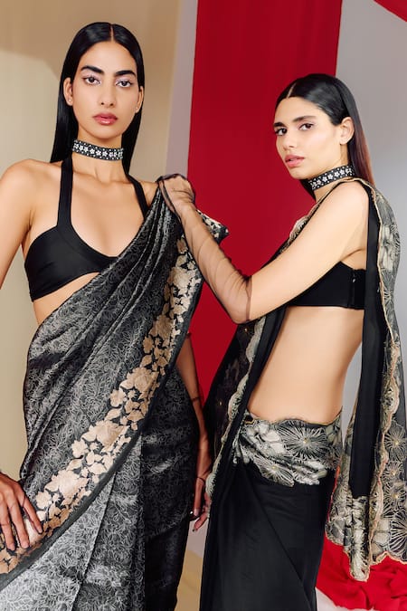 Shop_Ekaya Banaras_Black Silk Embroidery Botanical Woven Saree With Unstitched Blouse Piece _Online_at_Aza_Fashions