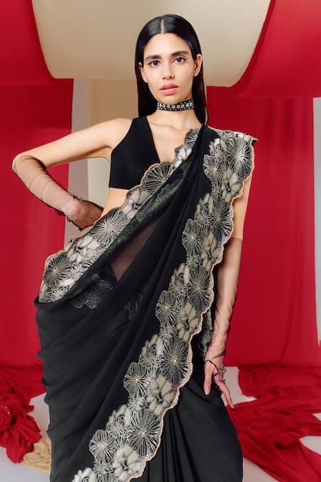 Buy_Ekaya Banaras_Black Georgette Floral Cutwork Border Woven Saree With Unstitched Blouse Piece _Online_at_Aza_Fashions
