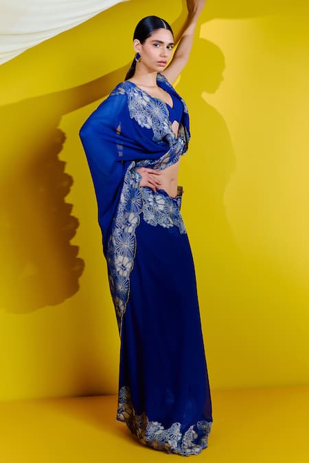 Ekaya Banaras_Blue Georgette Embroidery Floral Handwoven Saree With Unstitched Blouse Piece _Online_at_Aza_Fashions