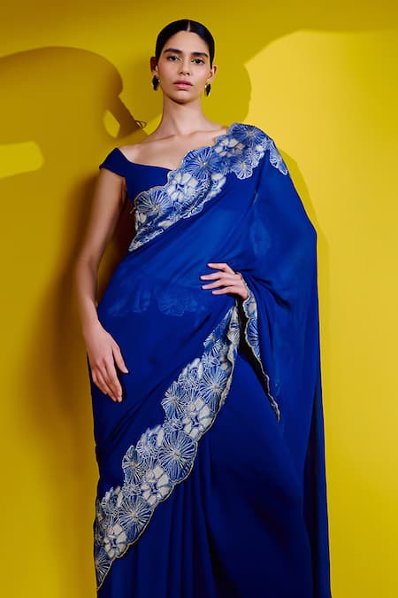 Shop_Ekaya Banaras_Blue Georgette Embroidery Floral Handwoven Saree With Unstitched Blouse Piece _Online_at_Aza_Fashions