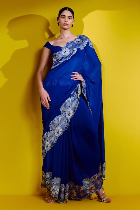 Ekaya Blue Georgette Handwoven Floral Saree With Unstitched Blouse Piece 