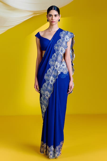 Shop_Ekaya Banaras_Blue Georgette Embroidery Floral Handwoven Saree With Unstitched Blouse Piece _at_Aza_Fashions