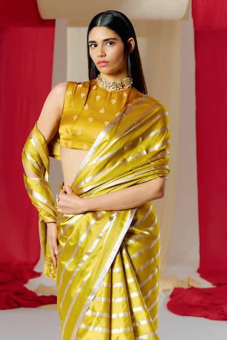 Ekaya Banaras_Yellow Silk Stripe Handwoven Saree With Unstitched Blouse Piece _Online_at_Aza_Fashions