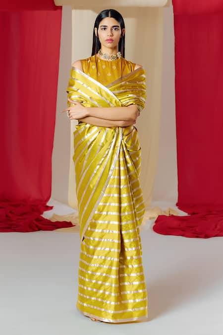 Shop_Ekaya Banaras_Yellow Silk Stripe Handwoven Saree With Unstitched Blouse Piece _at_Aza_Fashions