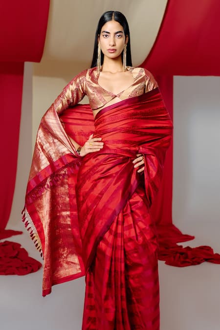 Ekaya Banaras_Red Silk Embroidery Floral Stripe Handwoven Saree With Unstitched Blouse Piece _Online_at_Aza_Fashions