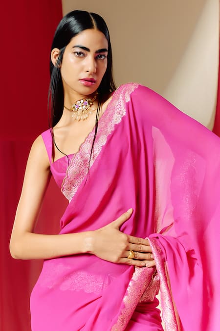 Ekaya Banaras Pink Georgette Floral Border Handwoven Saree With Unstitched Blouse Piece Online at Aza Fashions Ekaya Banaras_Pink Georgette Floral Border Handwoven Saree With Unstitched Blouse Piece _Online_at_Aza_Fashions
