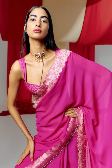 Ekaya Banaras Floral Border Handwoven Saree With Unstitched Blouse Piece 