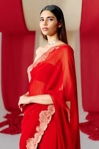 Ekaya Banaras_Red Georgette Flower Border Handwoven Saree With Unstitched Blouse Piece _Online_at_Aza_Fashions