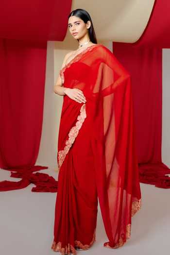 Ekaya Banaras Flower Border Handwoven Saree With Unstitched Blouse Piece 