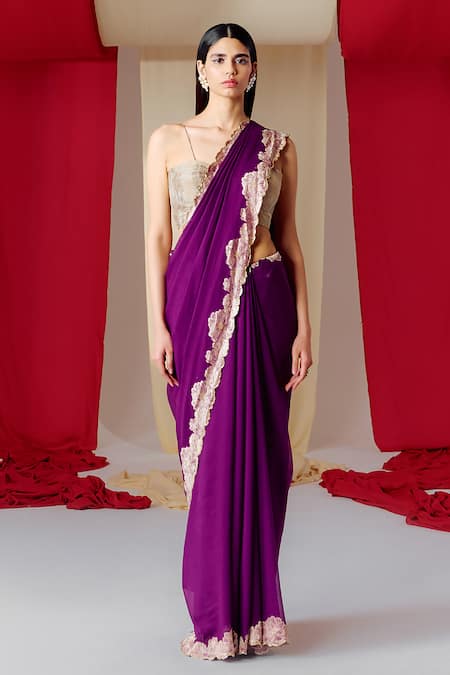 Shop_Ekaya Banaras_Purple Georgette Embroidery Floral Pattern Saree With Unstitched Blouse Piece _at_Aza_Fashions