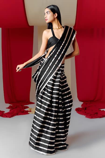 Shop_Ekaya Banaras_Black Silk Linear Pattern Saree With Unstitched Blouse Piece _at_Aza_Fashions