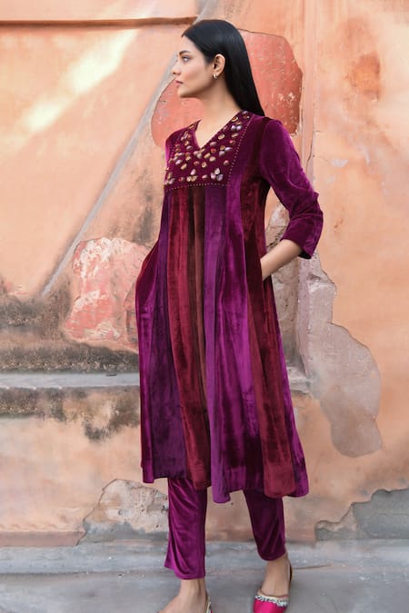 Nuhh Purple Velvet Crystals V-neck Embellished Yoke Anarkali With Pant Online at Aza Fashions Nuhh_Purple Velvet Crystals V-neck Embellished Yoke Anarkali With Pant _Online_at_Aza_Fashions