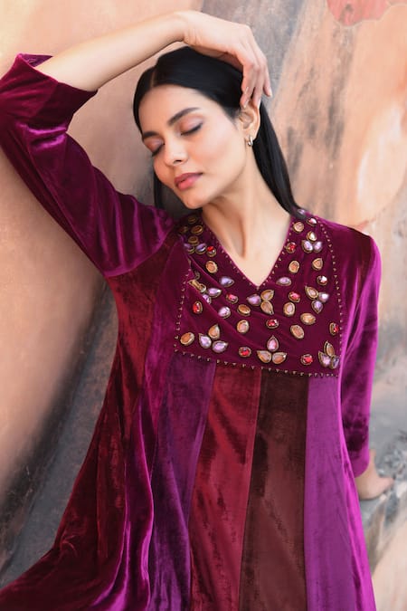 Shop Nuhh Purple Velvet Crystals V-neck Embellished Yoke Anarkali With Pant Online at Aza Fashions Shop_Nuhh_Purple Velvet Crystals V-neck Embellished Yoke Anarkali With Pant _Online_at_Aza_Fashions