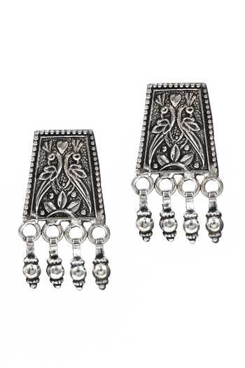 Sangeeta Boochra_Silver Plated Gota Patti Peacock And Floral Carved Oxidized Earrings _Online_at_Aza_Fashions