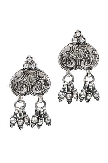 Sangeeta Boochra Silver Plated Beads Peacock Carved Oxidized Cutwork Earrings Online at Aza Fashions Sangeeta Boochra_Silver Plated Beads Peacock Carved Oxidized Cutwork Earrings _Online_at_Aza_Fashions