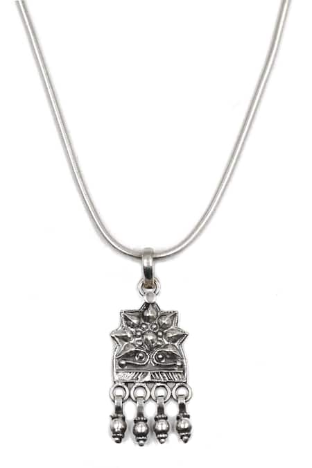 Sangeeta Boochra_Silver Plated Floral Carved Oxidized Pendant Chain Necklace _Online_at_Aza_Fashions