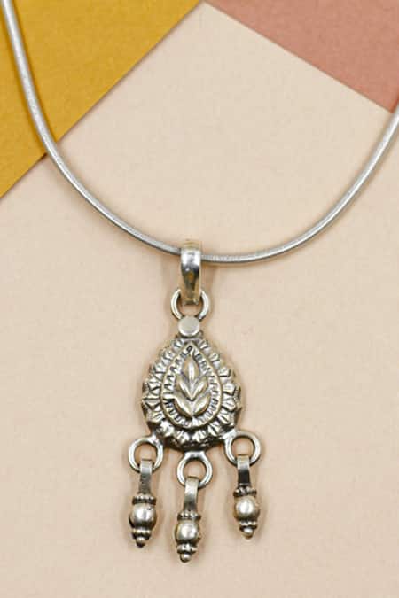 Sangeeta Boochra Silver Plated Ghungroo Tear Drop Carved Pendant Chain Necklace 