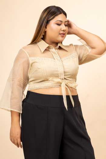 Mamicha_Beige Organza Embellished Pintucks Shirt Collar Inayat Lace Cropped _Online_at_Aza_Fashions