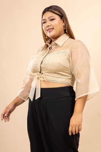 Buy_Mamicha_Beige Organza Embellished Pintucks Shirt Collar Inayat Lace Cropped _Online_at_Aza_Fashions