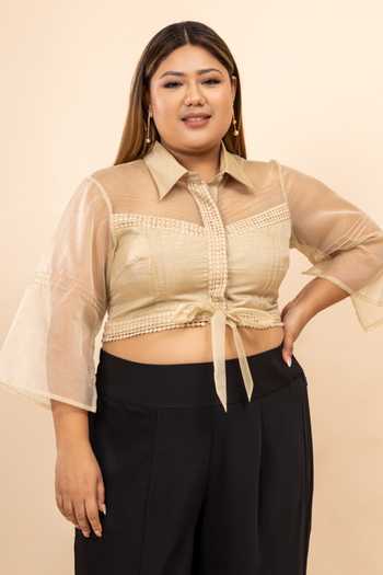 Shop_Mamicha_Beige Organza Embellished Pintucks Shirt Collar Inayat Lace Cropped _Online_at_Aza_Fashions