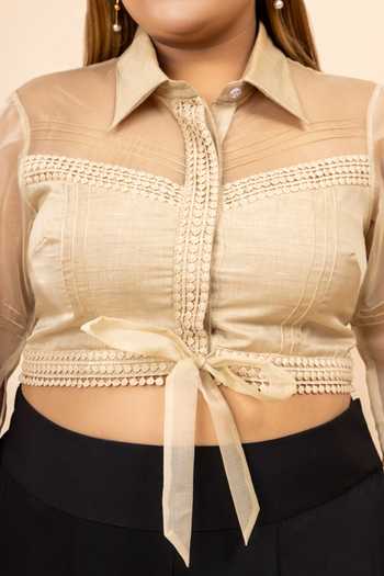 Mamicha_Beige Organza Embellished Pintucks Shirt Collar Inayat Lace Cropped _at_Aza_Fashions