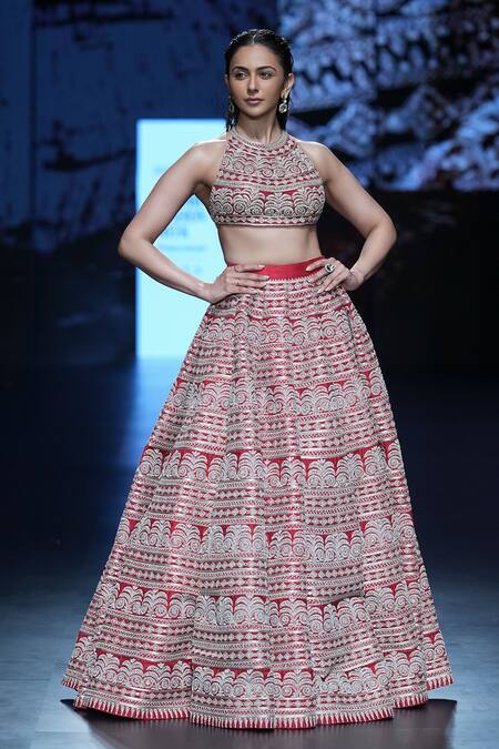 Bhumika Sharma_Red Silk, Organza Embroidery Halter Neck French Knot Geometric Lehenga Set_Online_at_Aza_Fashions