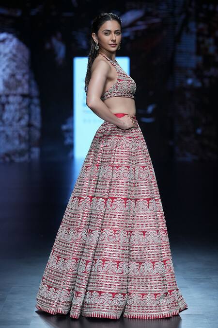 Buy_Bhumika Sharma_Red Silk, Organza Embroidery Halter Neck French Knot Geometric Lehenga Set_Online_at_Aza_Fashions