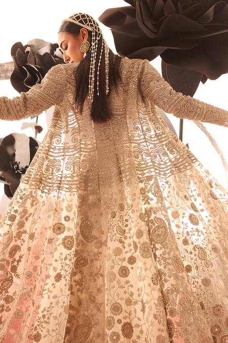 Shop_Bhumika Sharma_Ivory Net, Georgette Pearls, Sequins Paisley Embroidered Jacket Solid Skirt Set_Online_at_Aza_Fashions