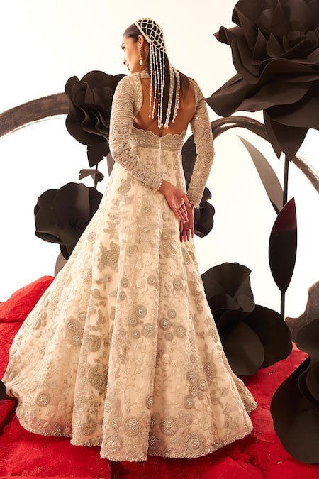 Shop Bhumika Sharma Ivory Net Pearls, Sequins Round Neck Floral Jaal Embellished Anarkali at Aza Fashions Shop_Bhumika Sharma_Ivory Net Pearls, Sequins Round Neck Floral Jaal Embellished Anarkali _at_Aza_Fashions