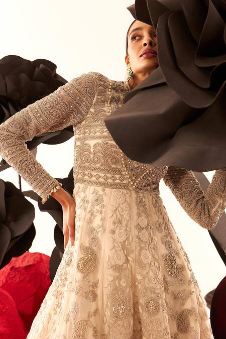 Bhumika Sharma Ivory Net Pearls, Sequins Round Neck Floral Jaal Embellished Anarkali Online at Aza Fashions Bhumika Sharma_Ivory Net Pearls, Sequins Round Neck Floral Jaal Embellished Anarkali _Online_at_Aza_Fashions