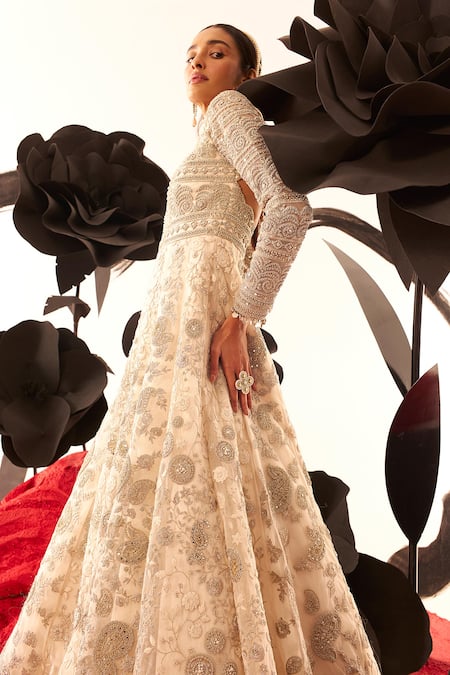 Buy Bhumika Sharma Ivory Net Pearls, Sequins Round Neck Floral Jaal Embellished Anarkali Online at Aza Fashions Buy_Bhumika Sharma_Ivory Net Pearls, Sequins Round Neck Floral Jaal Embellished Anarkali _Online_at_Aza_Fashions