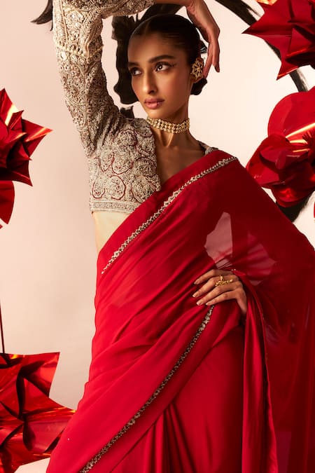 Shop Bhumika Sharma Red Net, Georgette Floral Embroidered Border Saree With Embellished Blouse at Aza Fashions Shop_Bhumika Sharma_Red Net, Georgette Floral Embroidered Border Saree With Embellished Blouse _at_Aza_Fashions