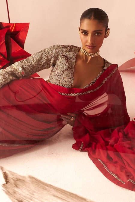 Bhumika Sharma Red Net, Georgette Floral Embroidered Border Saree With Embellished Blouse Online at Aza Fashions Bhumika Sharma_Red Net, Georgette Floral Embroidered Border Saree With Embellished Blouse _Online_at_Aza_Fashions