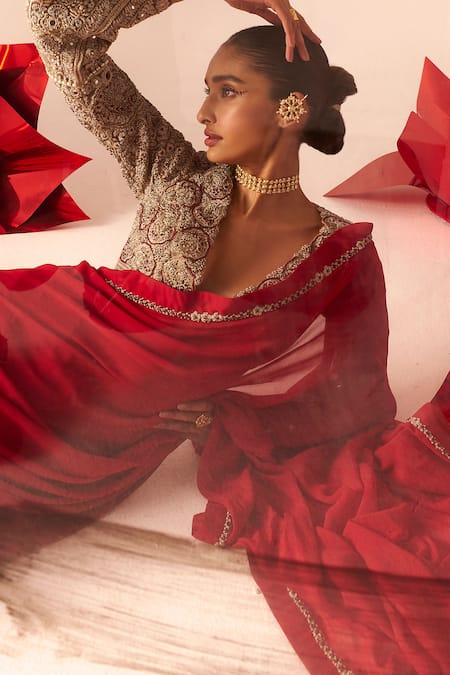 Buy Bhumika Sharma Red Net, Georgette Floral Embroidered Border Saree With Embellished Blouse Online at Aza Fashions Buy_Bhumika Sharma_Red Net, Georgette Floral Embroidered Border Saree With Embellished Blouse _Online_at_Aza_Fashions