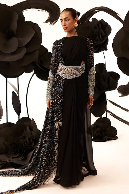 Shop Bhumika Sharma Black Net, Georgette Beads, Sequins Round Stone Embellished Blouse Saree Set at Aza Fashions Shop_Bhumika Sharma_Black Net, Georgette Beads, Sequins Round Stone Embellished Blouse Saree Set _at_Aza_Fashions