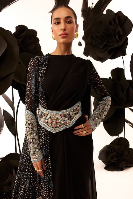 Bhumika Sharma Black Net, Georgette Beads, Sequins Round Stone Embellished Blouse Saree Set Online at Aza Fashions Bhumika Sharma_Black Net, Georgette Beads, Sequins Round Stone Embellished Blouse Saree Set _Online_at_Aza_Fashions