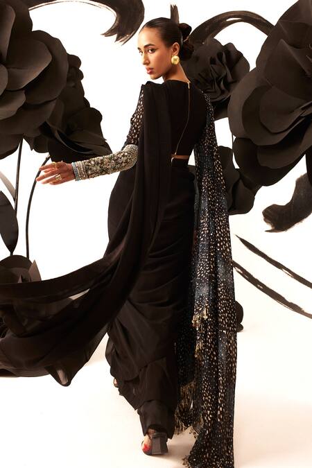 Buy Bhumika Sharma Black Net, Georgette Beads, Sequins Round Stone Embellished Blouse Saree Set Online at Aza Fashions Buy_Bhumika Sharma_Black Net, Georgette Beads, Sequins Round Stone Embellished Blouse Saree Set _Online_at_Aza_Fashions