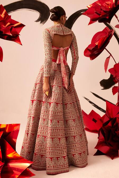 Shop Bhumika Sharma Red Silk, Organza Embroidery High Neck French Knot Bridal Lehenga Set at Aza Fashions Shop_Bhumika Sharma_Red Silk, Organza Embroidery High Neck French Knot Bridal Lehenga Set_at_Aza_Fashions