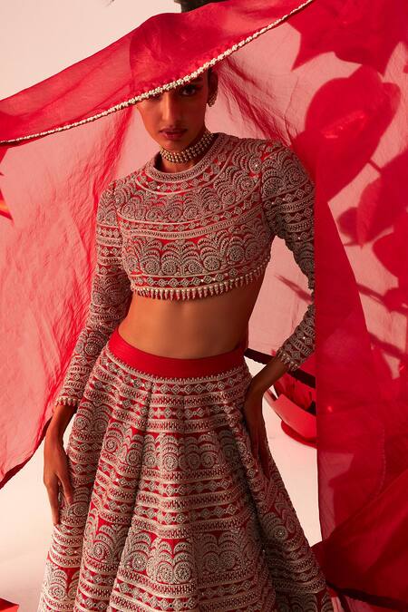 Bhumika Sharma Red Silk, Organza Embroidery High Neck French Knot Bridal Lehenga Set Online at Aza Fashions Bhumika Sharma_Red Silk, Organza Embroidery High Neck French Knot Bridal Lehenga Set_Online_at_Aza_Fashions