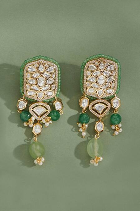 Shop Joules By Radhika Green Diamonds, Crystals, Beads Jade Tumbles Embellished Dangler Earrings at Aza Fashions Shop_Joules By Radhika_Green Diamonds, Crystals, Beads Jade Tumbles Embellished Dangler Earrings_at_Aza_Fashions