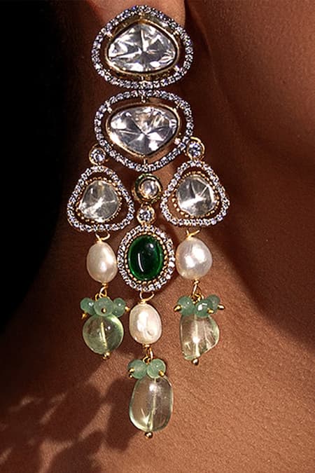 joules by radhika Gleaming Polki & Emerald Embellished Danglers 