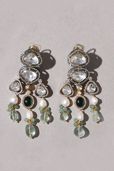 Shop Joules By Radhika Green Diamonds, Pearls, Stones Gleaming Polki And Emerald Embellished Danglers at Aza Fashions Shop_Joules By Radhika_Green Diamonds, Pearls, Stones Gleaming Polki And Emerald Embellished Danglers_at_Aza_Fashions