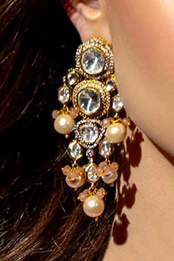 Joules by Radhika_Pink Beads, Pearls, Diamonds Scarlet Baroque And Polki Embellished Danglers_Online_at_Aza_Fashions