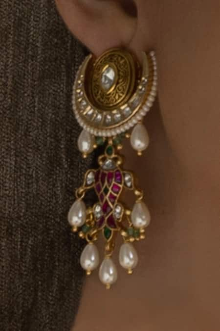 Joules by Radhika Gold Plated Hydro Polkis Ornate Crescent Kundan Embellished Danglers 